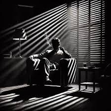 A high-contrast black and white shot of geometric shadows cast by window blinds.