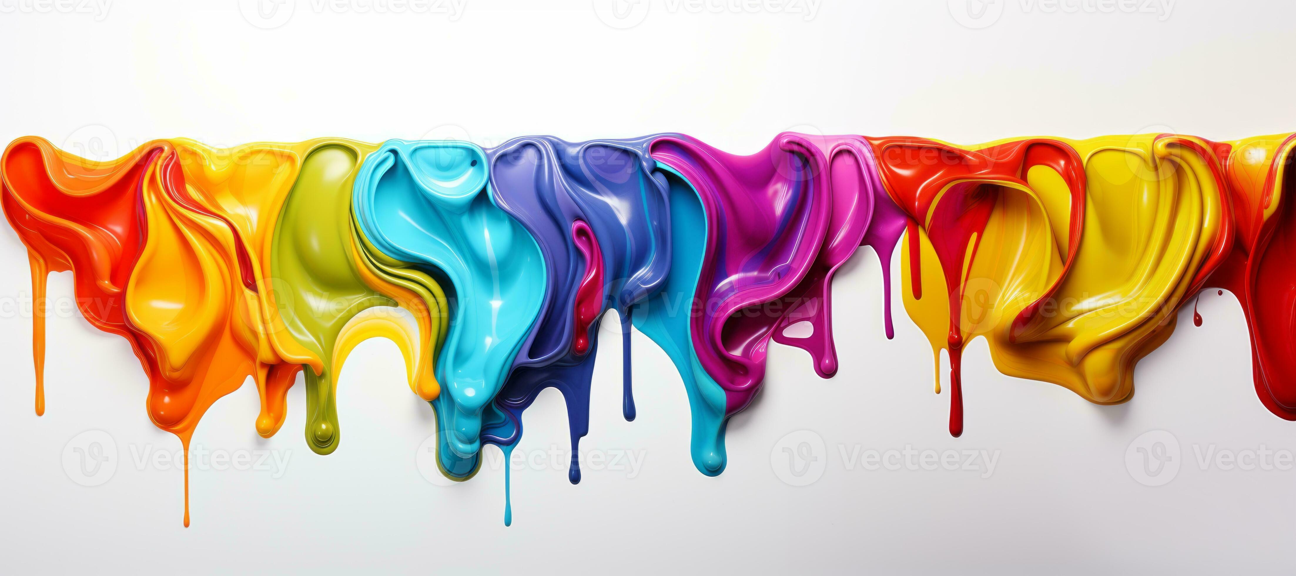 An overhead view of colorful, wet paint drops merging on a smooth surface.