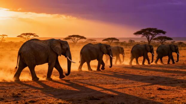 A herd of elephants walking across a dusty African savanna at sunrise.
